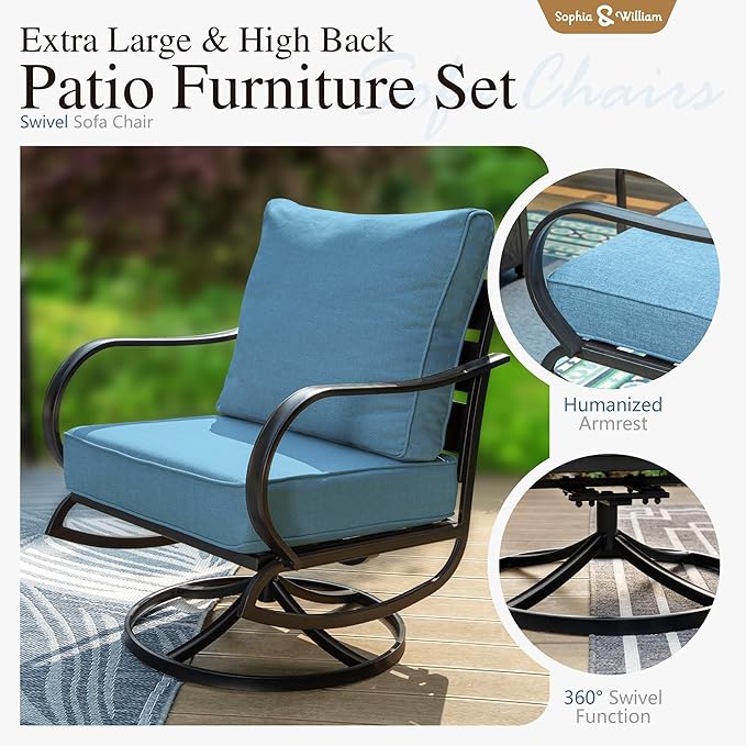 Sophia & William Patio Furniture Sets for 5 Outdoor Metal Conversation Sets 5 Pcs with 2 x Cushioned Swivel Sofa Chairs, 2 x Ottomans as Coffee Table, 1 x 3-Seat Sofa, Lawn Backyard Poolside Navy