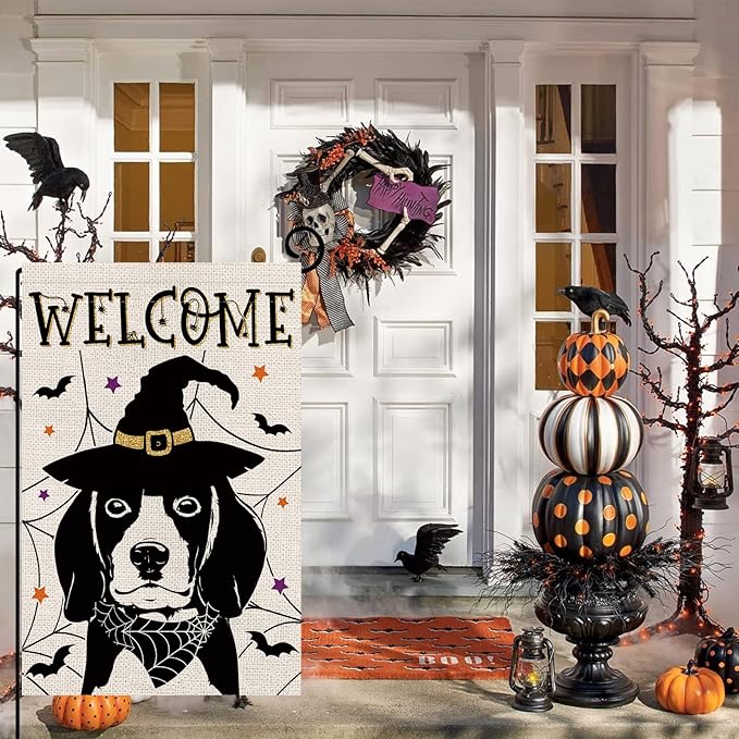 Halloween Garden Flag Beagle Cobweb Bats Double Sided Vertical Welcome Flag Seasonal Holiday Outdoor Yard Lawn Party Decorations 12.5 x 18 Inch