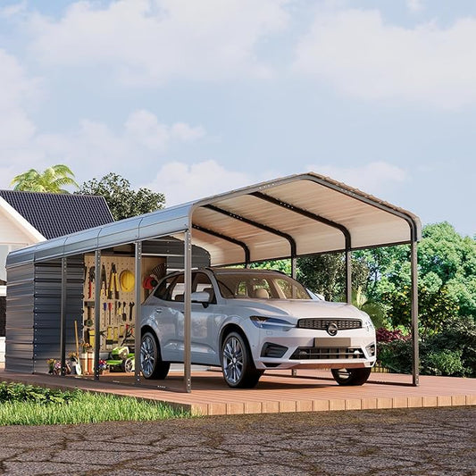 EROMMY 10x25 FT Carport Storage Shed 2-in-1, Heavy Duty Car Port with Galvanized Metal Frame, Base-Reinforced Enclosed Storage Shelter, Extended Coverage for Trucks, Cars & All Vehicles, Gray