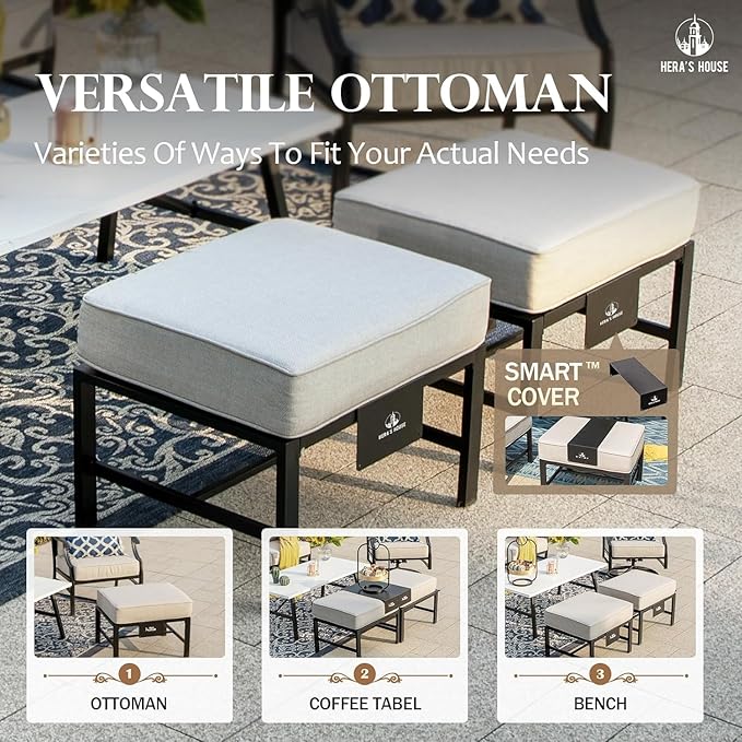 HERA'S HOUSE 7 Piece Patio Furniture Set, 4 x Fixed Metal Cushioned Chair, 2 x Cushioned Ottoman, 1 x 3-Seat Sofa, Outdoor Conversation Set for Lawn Garden Backyard Poolside