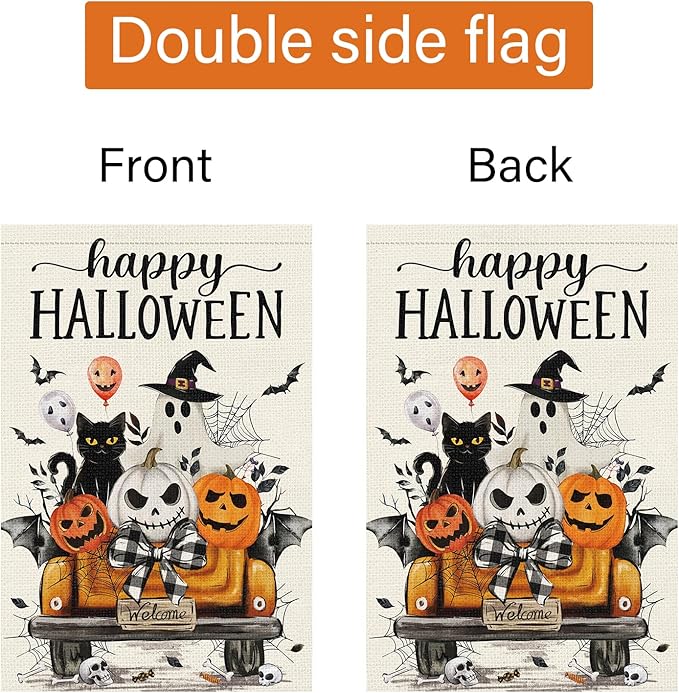 Louise Maelys Happy Halloween Garden Flag Black Cat Ghost Pumpkin Truck 12x18 Inch Double Sided Boo Holiday Seasonal Welcome Fall Autumn Small Burlap Yard Sign Outside Outdoor House Decor