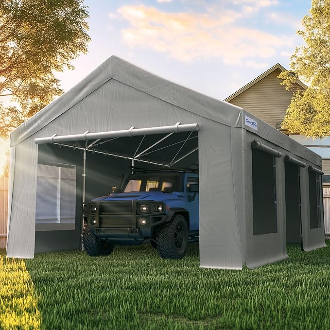 Quictent Heavy Duty 12x20 ft Carports with Side Zipper Doors & Snowproof Steel Cables & Ventilated Windows, Waterproof Storage Shelter for Car, Boat, RV, Outdoor Equipment, Gray