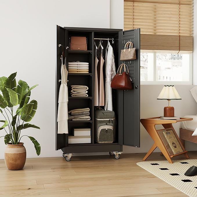 61.7" H Metal Garage Storage Cabinet with Wheels and Hanging Rod,Broom Closet Storage Cabinet with Pegboard and 4 Adjustable Shelves with 120LBS for Garage Home Office School,Required Assembly,Black