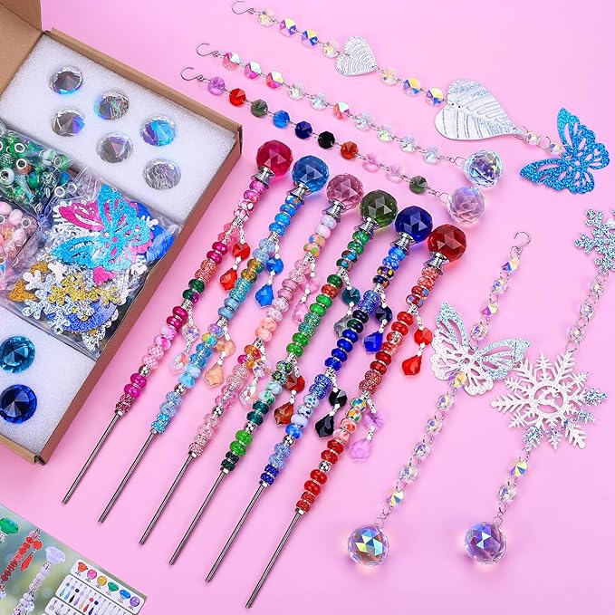 VICTLOV Crystal Suncatcher Making Kit, 340 Pieces with Beads, Snowflakes, Butterflies, Glass Balls for Garden Decoration, DIY Outdoor Hanging Ornaments (340Pcs Crystal Ball+Pendant)