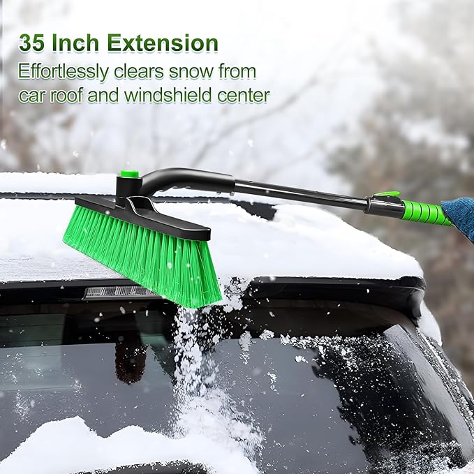 SEAAES 35 Inch Ice Scraper and Snow Brush for Car Windshield, Extendable Snow Scraper Brush with Foam Grip for Truck SUV Vehicle Window - Green