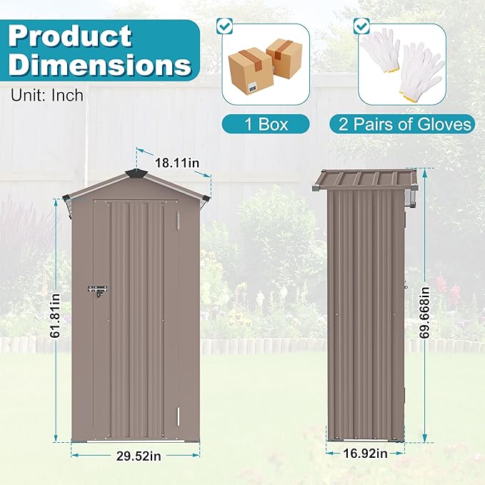 2.5x1.4 FT Outdoor Storage Shed, Metal Tool Shed with Lockable Doors & Peaked Roof, Galvanized Steel Garden Shed for Backyard Garden Patio Lawn, Brown