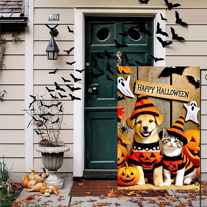 Happy Halloween Garden Flag Double Sided 12x18 Flag Cute Cat And Dog Pumpkin Garden Flag Sweaters And Witch Hats Jack-O'-Lanterns And Ghosts Outdoor Yard Lawn Decoration Banner