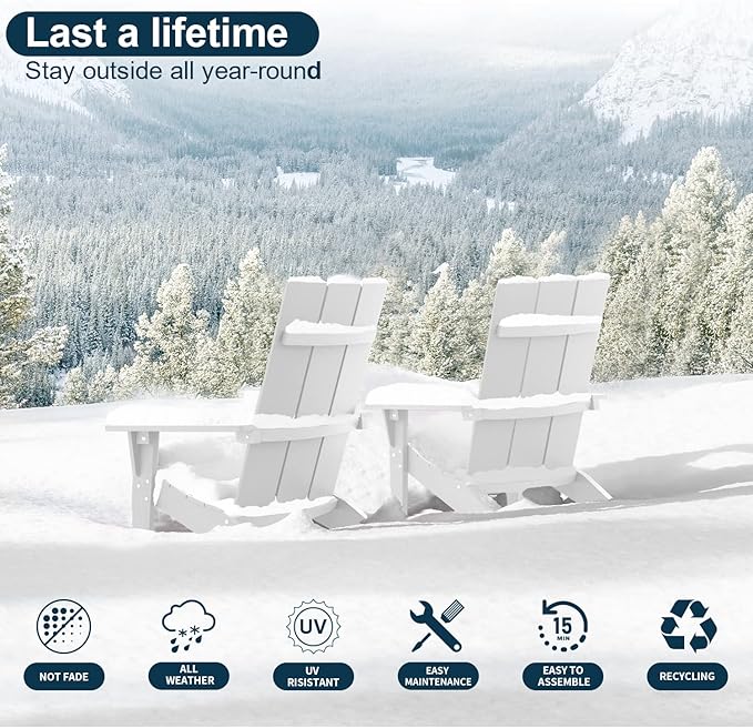 MXIMU Modern Adirondack Chair Weather Resistant with Cup Holder Oversized Fire Pit Chairs Adorondic Plastic Outdoor Chairs for Firepit Area Seating (White)