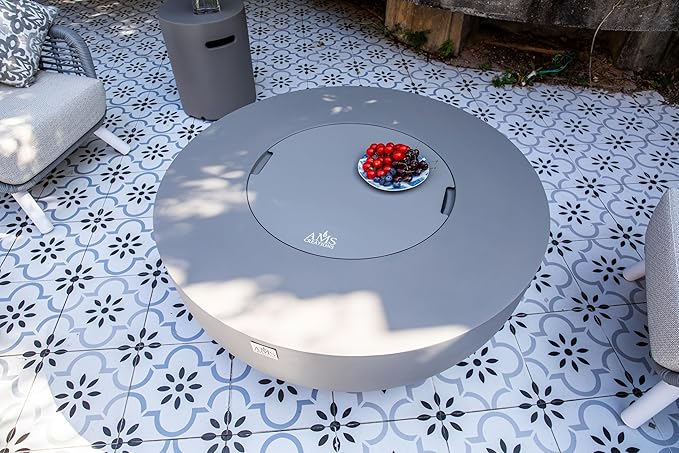 AMS Creations | Eclipse 44" Bundle Round Cast Concrete Propane Gas Fire Pit Bowl Table | Light Gray | Smooth Texture Surface | Electronic Ignition | Outdoor Patio Heater Outside Backyard Fireplace