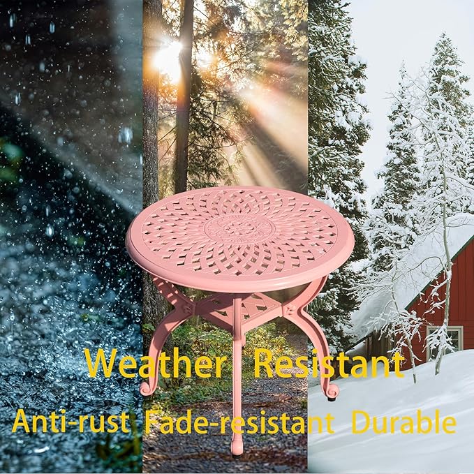 Cast Aluminum Outdoor Side Table,Small Patio Table,Outdoor Coffee Tables for Patio,Garden,Balcony, for All Weather(Pink, Round)