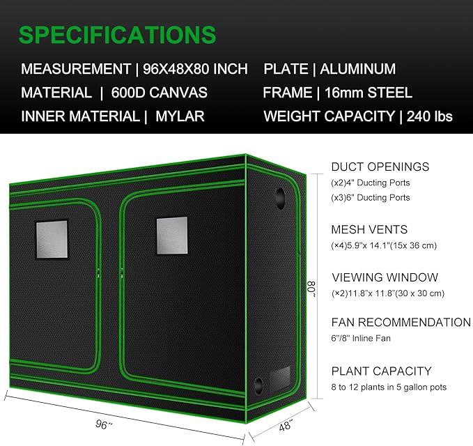 MELONFARM 4x8 Grow Tent, 96"x48"x80" High Reflective 600D Diamond Mylar Canvas with Observation Window and Floor Tray for Hydroponic Indoor Plant Growing