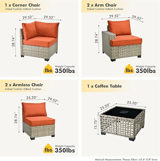 HOOOWOOO Outdoor Sectional Patio Furniture Set,6 Pieces Wicker Conversation Sets L Shaped Couch,Extra Deep Out Door Sofa Outside Furniture,Brick Red