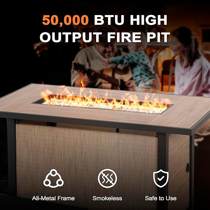 Nuu Garden 43" Propane Fire Pit Table, CSA-Listed Outdoor 50,000 BTU Gas with Lid and Glass Beads, 2-in-1 Rectangular for Outside Backyard Patio, Light Brown