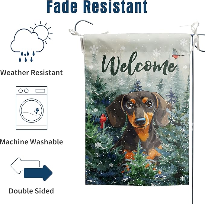Welcome Winter Garden Flags Dachshund Garden Flag Cardinal Birds on Snowy Pine Tree Flag Dog Yard Flags for Outside 12x18 Double Sided Christmas Decorative Lawn Flags