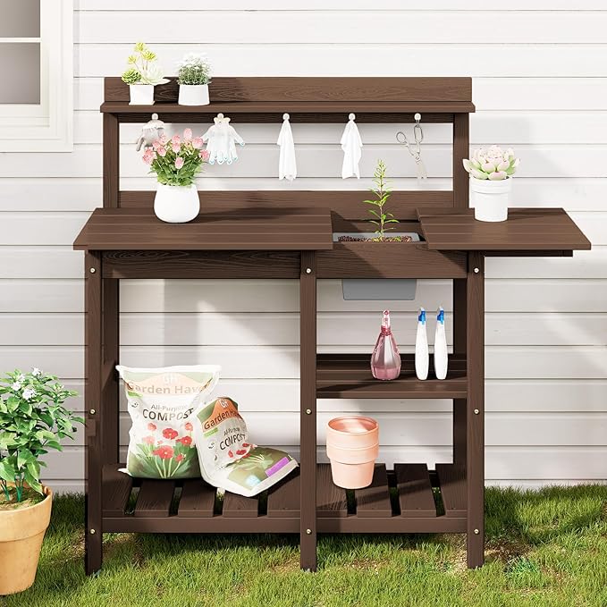 SERWALL Potting Bench Set of 2 Outdoor Potting Table with Sink, HDPE Potting Benches for Outside Gardening Table All Weather Use- Coffee