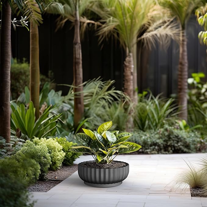 Kante Round Fulted Bowl Planter, 14.6 Inch Dia Large Concrete Flower Pots with Drainage Hole and Rubber Plug, Suitable for for Indoor Outdoor Plants, Home, Patio, Garden, Black
