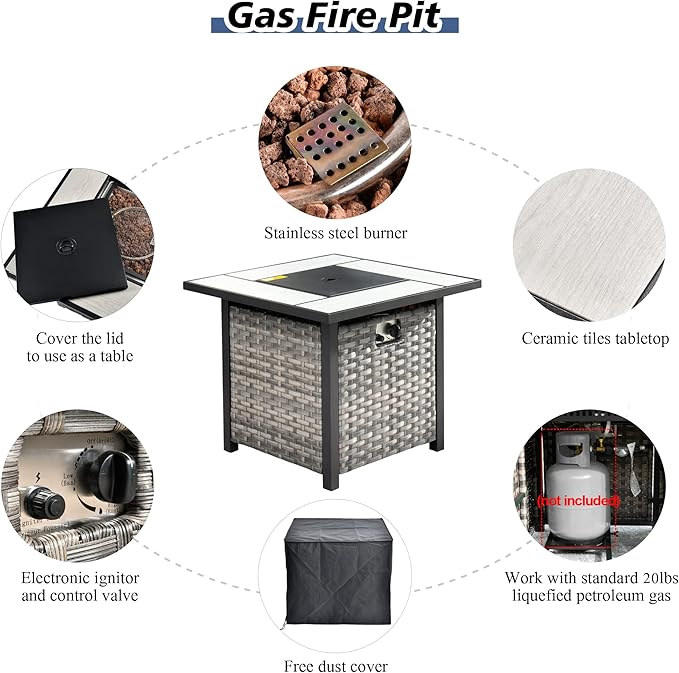 HOOOWOOO 9 Piece Modular Patio Outdoor Sectional Furniture Set with Gas Propane Fire Pit Table,Wicker Conversation Sofa Set with Swivel Chairs,Outside Couch Set(Denim Blue)