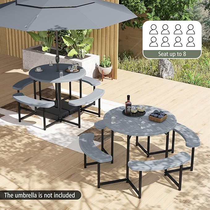 Giantex Picnic Table Bench Set for 4-8 Person, Round 37” Outdoor Dining Table w/Umbrella Hole, HDPE Tabletop, Metal Frame, Patio Furniture Set for Backyard Porch Lawn, 1400lb Capacity (Gray,Round)