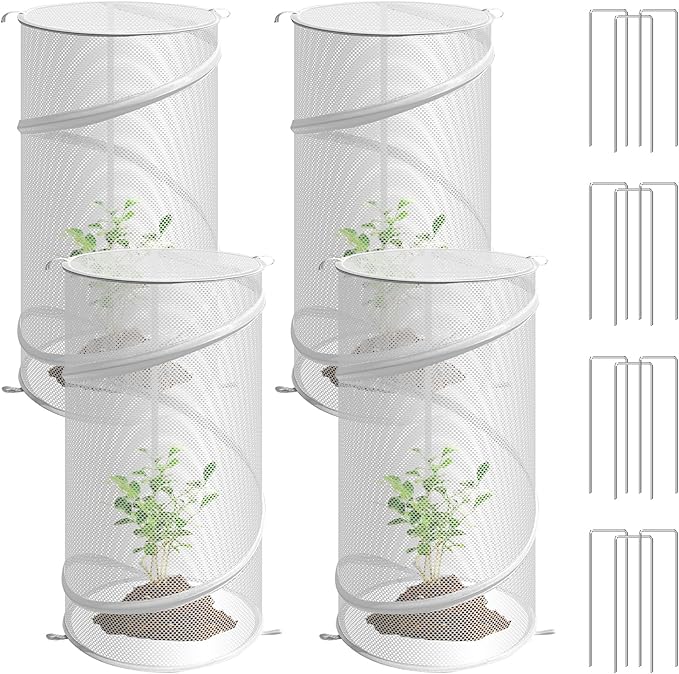 4 Pcs Pop up Plant Covers from Animals, 22.8" x12.6"Round Foldable Plant Covers, Garden Plant Protectors with Stakes for Outdoor Plants (White)