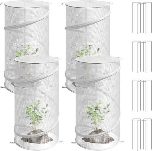 4 Pcs Pop up Plant Covers from Animals, 22.8" x12.6"Round Foldable Plant Covers, Garden Plant Protectors with Stakes for Outdoor Plants (White)