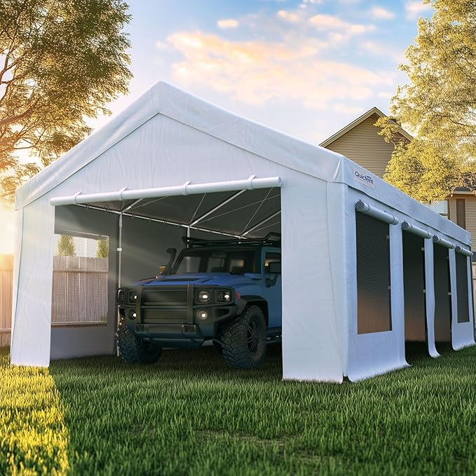 Quictent Heavy Duty 13x25 ft Carports with Side Zipper Doors & Snowproof Steel Cables & Ventilated Windows, Waterproof Storage Shelter for Car, Boat, RV, Outdoor Equipment, White