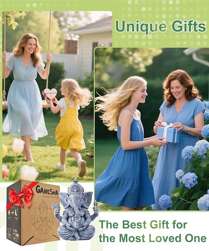 Ganesha Elephant Garden Statues: Outdoor Sculptures with Lotus Lights Decor for Patio Lawn Yard Art - Gifts for Mom Grandma