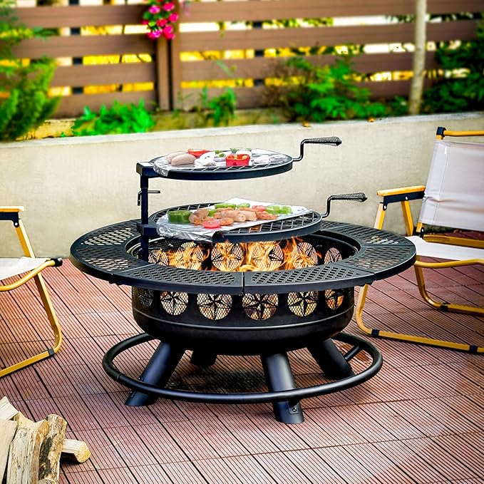 36 Inch Fire Pit with 2 Cooking Grills,Outdoor Wood Burning BBQ Firepit with Lid, 3-in-1 Outdoor Fire Pit for Backyard Deck Bonfire Patio Picnic(Black)