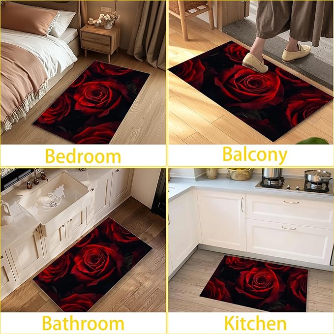 Red Rose Flower Indoor Outdoor Rugs,Modern Floral Doormat Outside Entrance,Non-Slip Welcome Mat Indoor Felt Floor Mat for Back Door Patio, Porch,Home Entryway,30 x 17 Inch