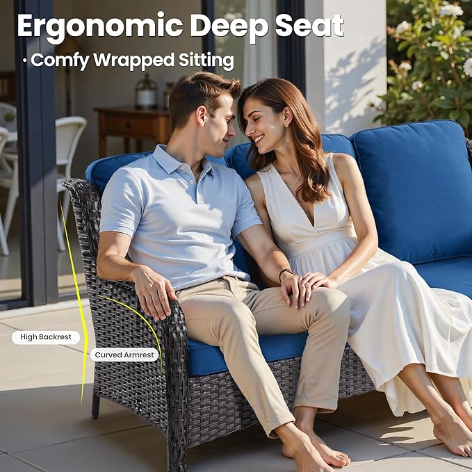 ovios 10 Pieces Patio Furniture Set, Outdoor Wicker Sofa Couch with Swivel Chairs 54" Fire Pit Table, All Weather High Back Modern Conversation Sets, Brown Rattan, Navy Blue