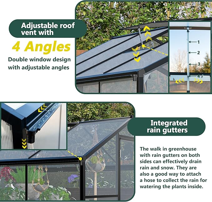 6x10 FT Greenhouses for Outdoors,Heavy Duty Polycarbonate Greenhouse,Lockable Walk-in Green House Sunroom w/ Roof Vent,Aluminum Hot House for Garden Plants Backyard Patio,Black