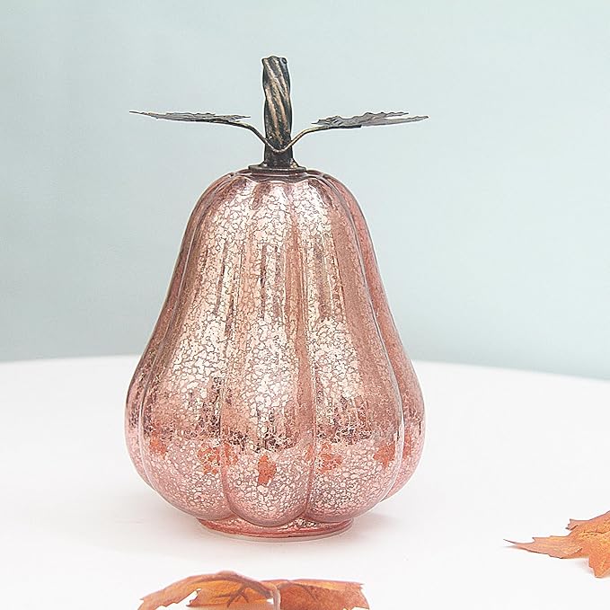 Mercury Glass Pumpkin Lights with Timer, Battery Operated Led Pumpkin Lights for Halloween Fall,Thanksgiving Rustic Decor (Rosegold Leafy, 9")