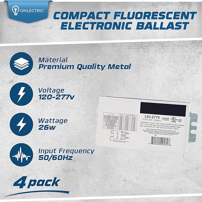 4 Pack - Replacement for Syvalnia QTP2X26CF UNV DM - 2-Lamp T4 Compact Fluorescent Ballast 26W High Power Factor (120/277V) Easy Installation