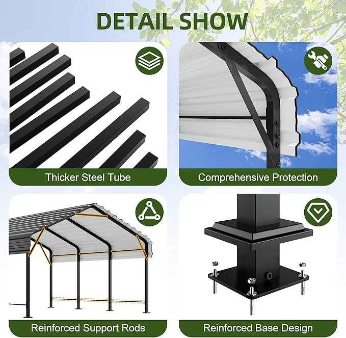 JAMFLY Carport, 12X15 FT Metal Carport, Heavy Duty Carport Canopy with Galvanized Steel Roof and Frame, Metal Car Garage Upgraded Extra Large Garage for Pickup, Boat, Car and Tractors