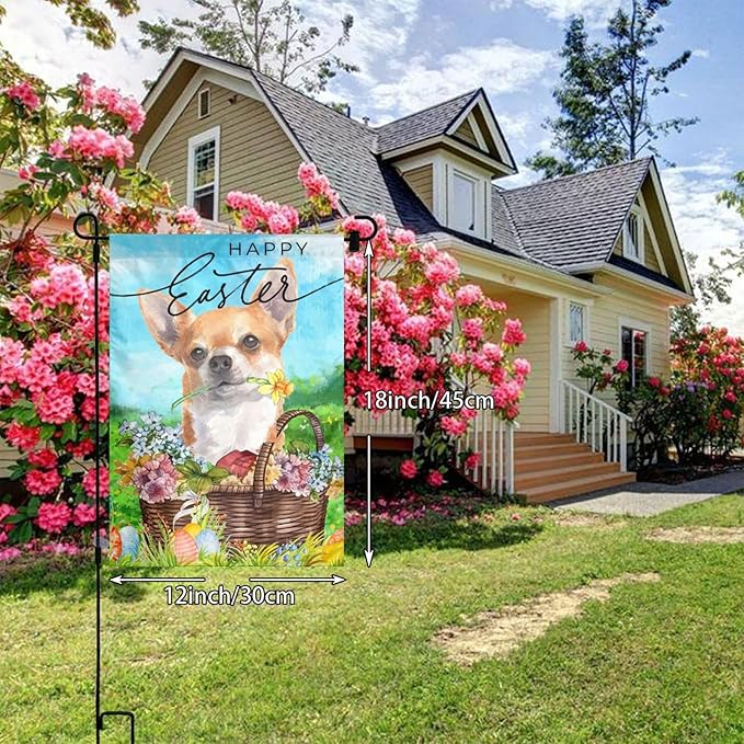 Happy Easter Chihuahua Dog Flowers Eggs Bunny Garden Flag Welcome Party Outdoor Outside Decorations Picks Home House Garden Yard Decor 12x18 Inch