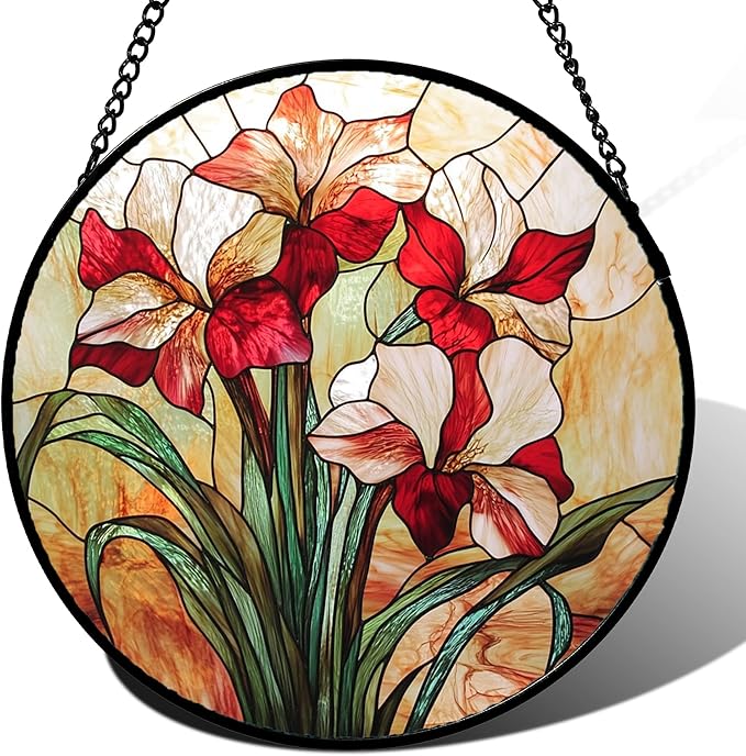 Stained Glass Window Hanging - Red Gladiolus Flower Suncatcher for Door Yard Sun Catchers Decor Christmas Mother's Day Birthday Gifts for Lovers Women Mom Nana Girlfriend Wife 9.8 in