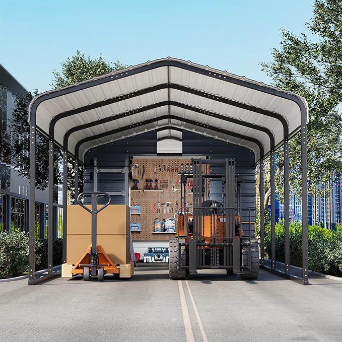 EROMMY 10x25 FT Carport Storage Shed 2-in-1, Heavy Duty Car Port with Galvanized Metal Frame, Base-Reinforced Enclosed Storage Shelter, Extended Coverage for Trucks, Cars & All Vehicles, Gray