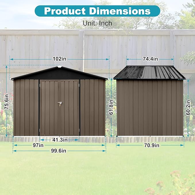 8x6 FT Outdoor Storage Shed, Metal Tool Shed with Lockable Doors, Peaked Roof & Frame Floor, Garden Shed with Vented Design for Backyard Garden Patio Lawn, Brown + Black