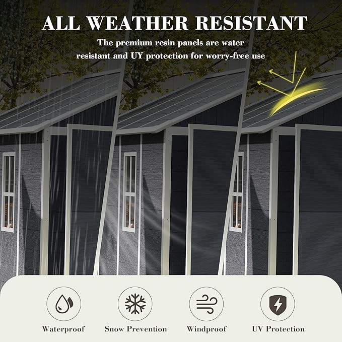 Outdoor Storage Shed 8x8 FT, Resin Shed with Floor & Window, Lockable Door, Vents, Outside Sheds & Garden Shed for Patio Furniture, Gardening Tools, Pool Equipment (Dark Gray, 8 * 8ft)