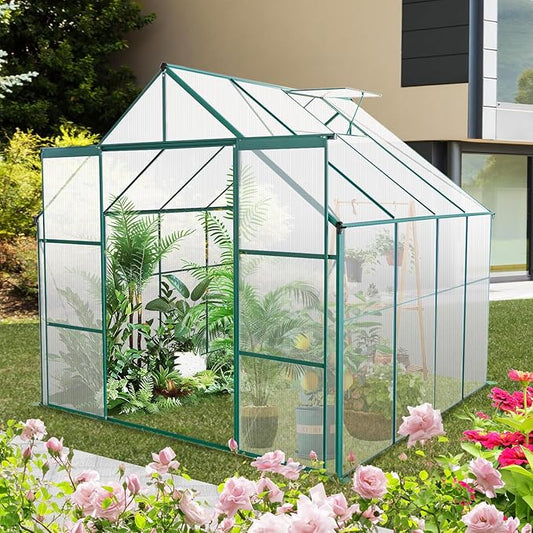 8X8 FT Greenhouses for Outdoors,Polycarbonate Greenhouse, Aluminum Heavy Duty Walk-in Green Houses, Adjustable Roof, Raised Base and Double Sliding Door for Outside Backyard, Green