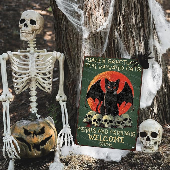 Salem Sanctuary Black Cat Metal Tin Sign Halloween Decor Vintage Gothic Decor Retro Wall Art Rustic Tin Plaque For Home Bar Cat Lovers 8x12inch