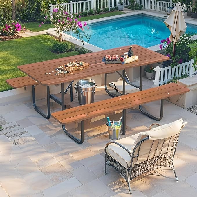 Outdoor Picnic Table with Benches, 6 - Person Picnic Table, Wooden Patio Dining Set, 1.97'' Umbrella Hole, Waterproof and Rounded Corners Design for Backyard, Garden, Park, Restaurant, Picnic, Natural