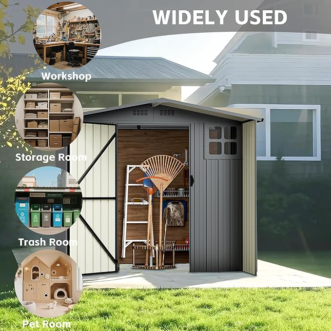 Modern 6×6 FT Metal Outdoor Storage Shed with Windows, Stylish Lockable Waterproof Garden Tool Shed, Contemporary Storage Shed for Lawn Mower & Backyard Patio, Dark Gray (No Floor)