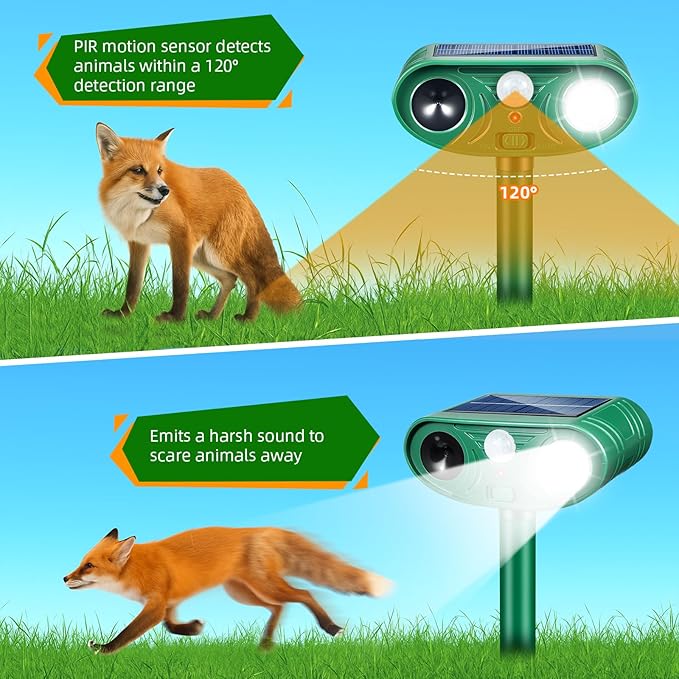 Solar Ultrasonic Animal Repeller Cat Deterrent Outdoor Squirrel Rabbit Dog Skunk Raccoon Coyote Fox Deer Predator Deterrents Repellent Device with Light (2)