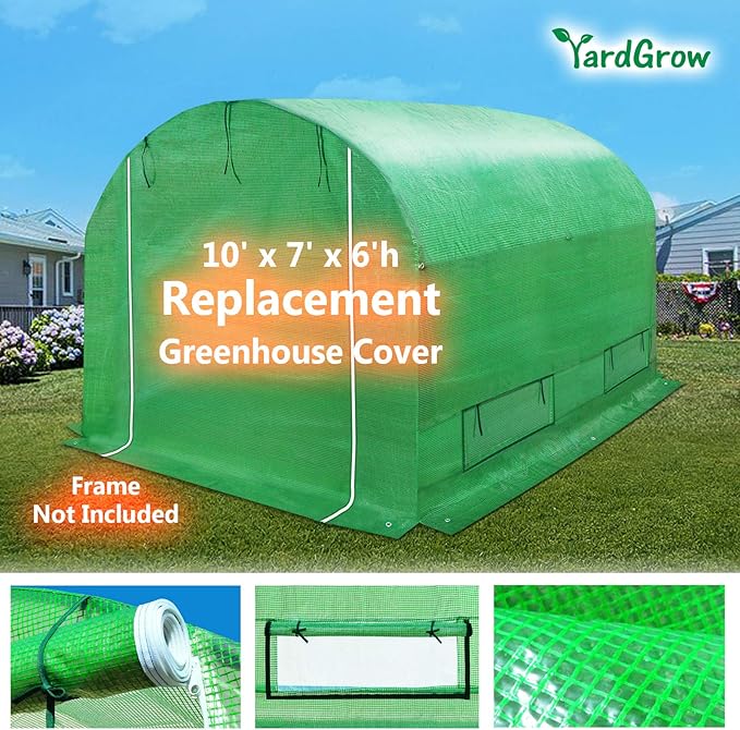 YardGrow Greenhouse Replacement Cover Larger Walk in Outdoor Plant Gardening Greenhouse (Frame Does NOT Included) (Green, 10'x7'x6')