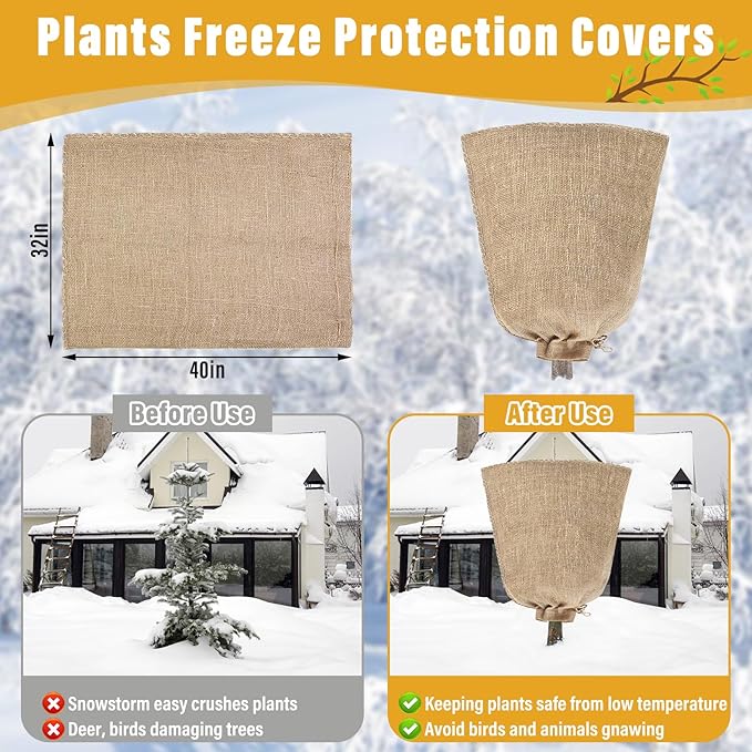Riare 2 Packs 32 × 40 Inch Burlap Winter Plant Cover Bags with Drawstring- Reusable Large Burlap Sack Plant Frost Protector, Plant Frost Cloth Cold Tree Freeze Blanket for Outdoor Plants Shrubs Fruit