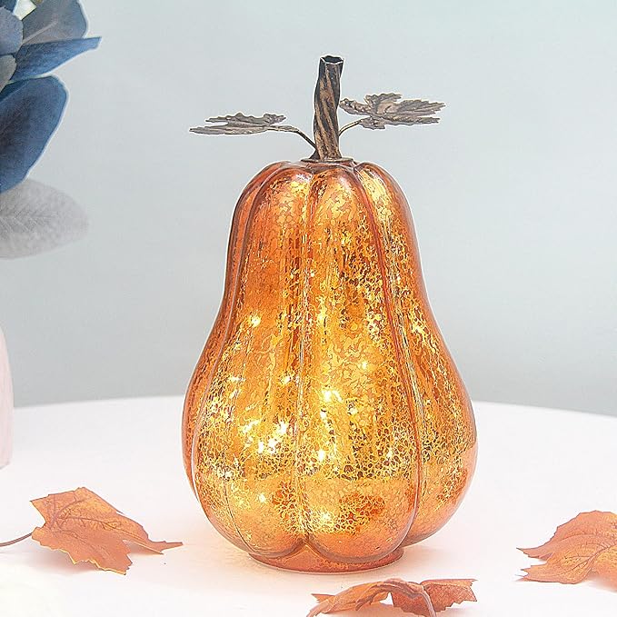 Mercury Glass Pumpkin Lights with Timer, Battery Operated Led Pumpkin Lights for Halloween Fall,Thanksgiving Rustic Decor (Gold Leafy, 11")