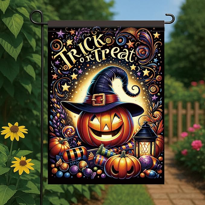 12 x 18 Inch Halloween Garden Flag Outdoor Pumpkin Witch Hat Trick or Treat Yard Decoration Double Sided Autumn Holiday Seasonal Banner for Lawn Patio Party Candy Lantern Fall Theme