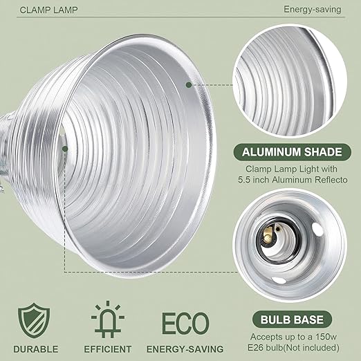 Macarrie 8 Pack Clamp Lamp Light with Aluminum Reflector, 6ft SPT-2 18awg Cord and Adjustable Stand Fixture, up to 150 Watt, E26 Socket, No Bulb(5.5 Inch)