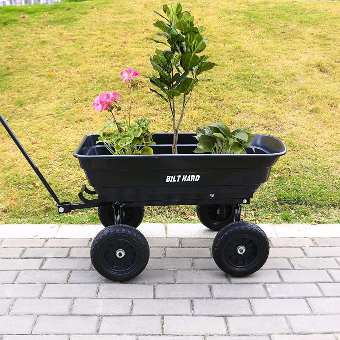 BILT HARD 4 Cu.Ft. 10" No-Flat Tires Poly Yard Dump Cart with 180° Rotating Handle, 600 lbs Capacity Heavy Duty Garden Carts and Wagons