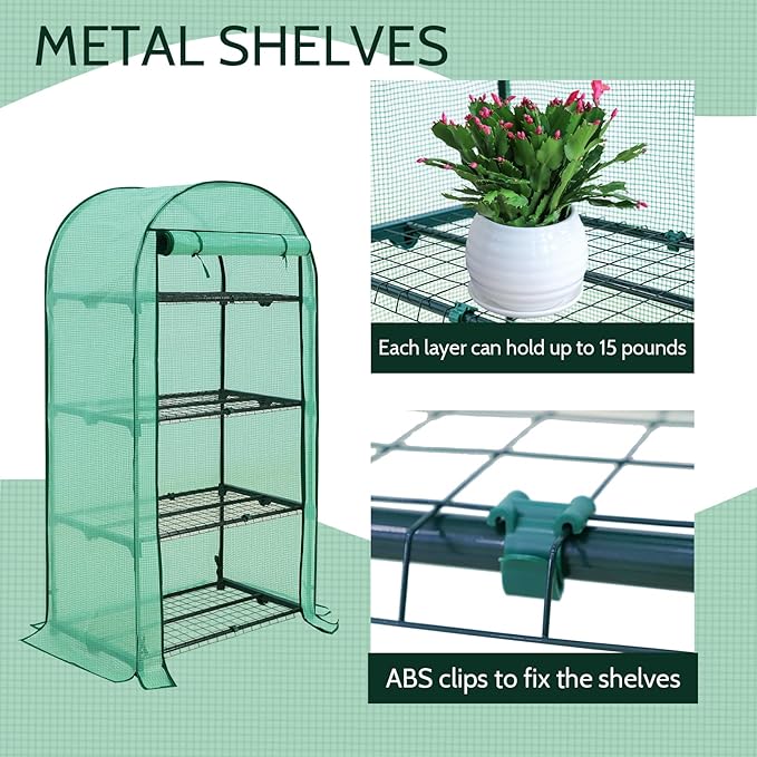 EAGLE PEAK Mini Greenhouse with Wire Shelves, Portable Indoor & Outdoor Green House with Roll-Up Zipper Door, 4 Tier, 31.5”x17.7”x63.0”, Green PE Cover